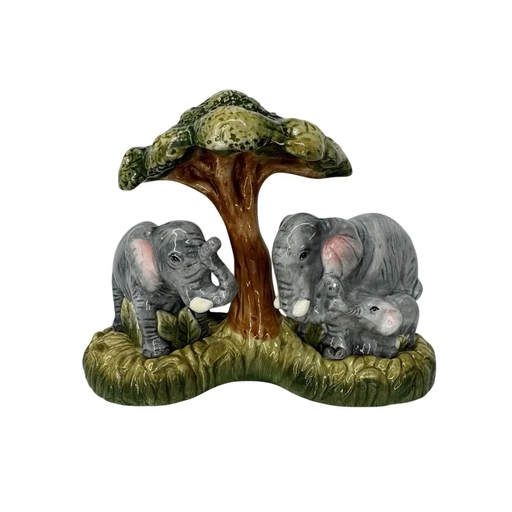 Elephant Family Salt & Pepper Shakers Ceramic Tree Holder Safari Figurine Set